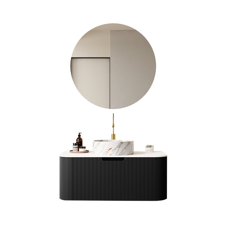 Meuble-lavabo mural de 36 po, armoire noire, lavabo en céramique blanche avec comptoir, finition rayée 3D, lavabo flottant pré-assemblé à tiroir pleine extension, tiroir, système de fermeture en douceur, élégant