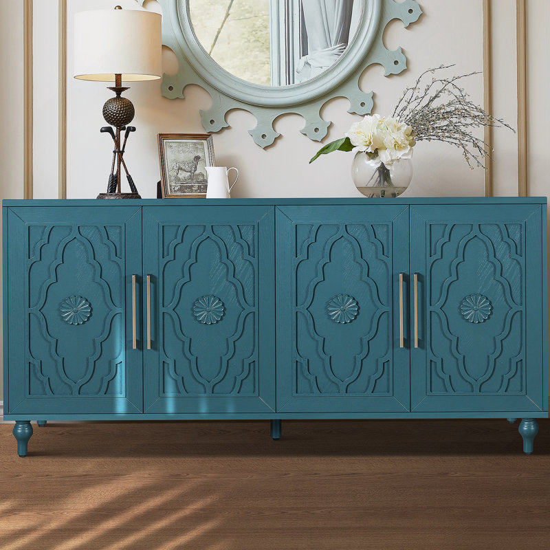 Grande armoire de rangement 63 po avec poignée en métal, portes à fleurs sculptées, console en bois Mordern avec tablettes réglables pour le salon, la cuisine et le vestibule (bleu marine)