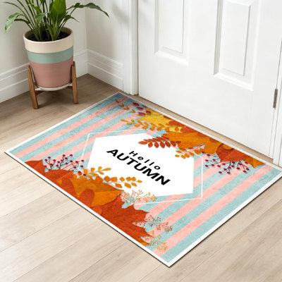 Tapis d'intérieur orange lavable à la machine, motif « Bonjour automne » avec feuilles colorées