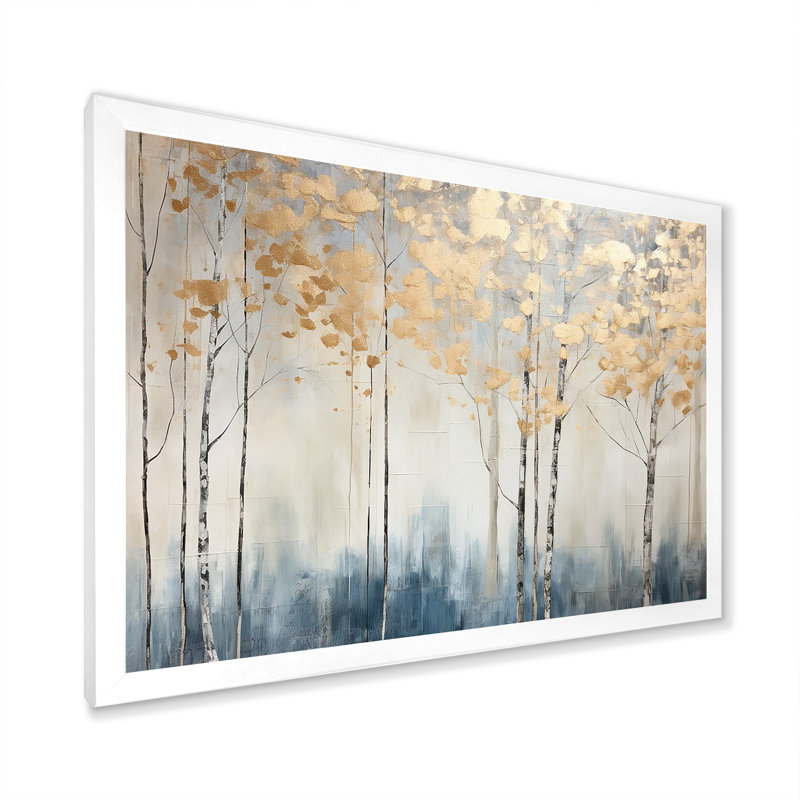 Minimalisme bleu et forêt dorée II - forêt, art mural, H 12 po x l 20 po x P 1 po, Cadre simple blanc