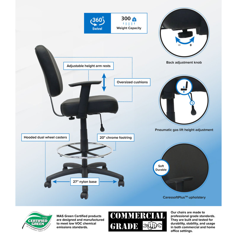 Oversized Black Drafting Stool with Chrome Footring and Adjustable Arms