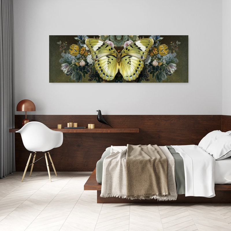 Yellow Butterfly Floral Symmetry by Marja Van Den - Wrapped Canvas Panoramic Print, 152.4 cm H x 50.8 cm W