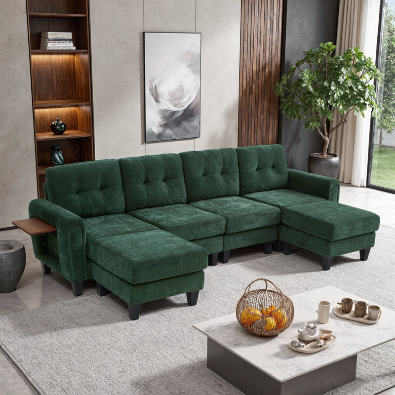 Modern U-Shaped Sectional Sofa - Modular with Ottomans, USB Ports & Foldable Side Tables, Green