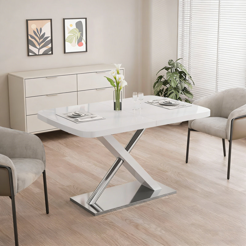 Table de salle à manger extensible, moderne et brillante pour 4 à 6 personnes, avec une seule main, base en métal robuste et croisée avec une capacité de charge élevée.
