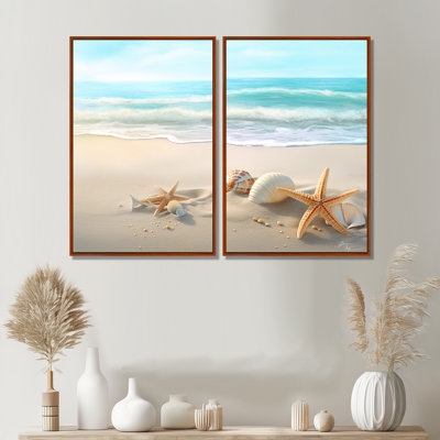 Starfish And Seashells I - Landscapes Modern Beach Wall Decor 2 Panels