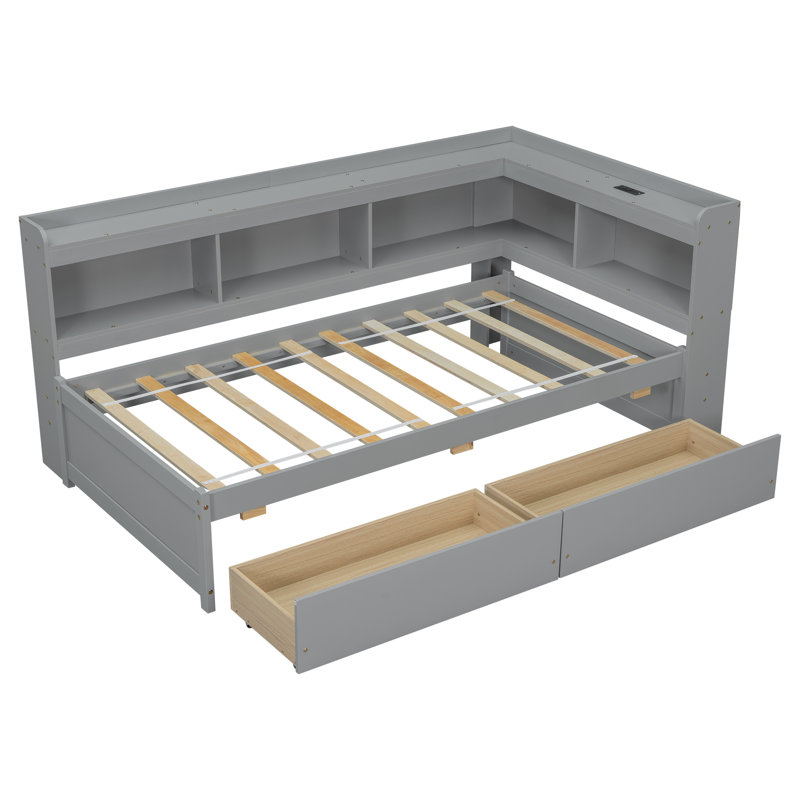 Lit simple avec bibliothèques en forme de L, prises de courant, ports de chargement USB, deux tiroirs, Gris