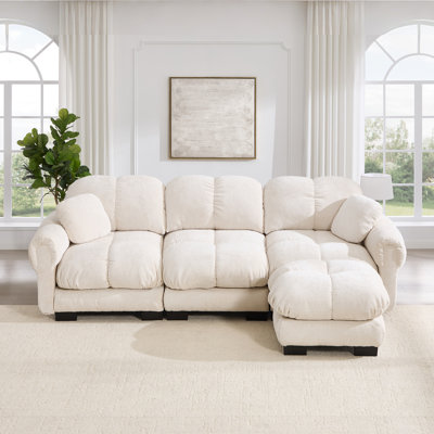 Ensemble de canapé modulaire en chenille 3 places avec coussins et 1 repose-pieds blanc ivoire