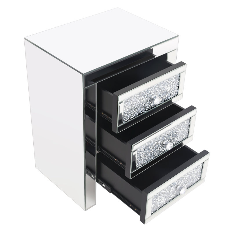 Table de chevet moderne à miroir 23 "H 17,3" l 23,6 "avec 3 tiroirs - Armoire de rangement en cristal, table d'appoint Glam pour chambre à coucher ou salon