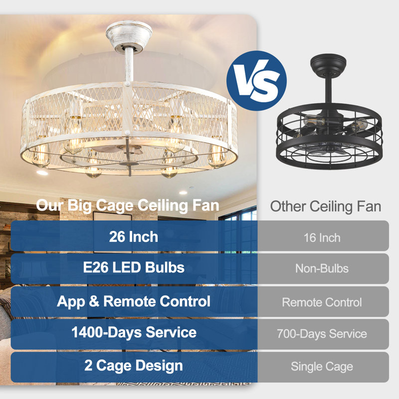 Ventilateurs de plafond en cage de 26 po avec télécommande pour l'application pour la chambre à coucher de patio, ventilateur de plafond encastré avec lumières et minuteur réversible 6 vitesses Farmhouse