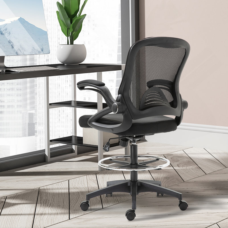 Chaise de dessinateur en filet, chaise de bureau haute avec support lombaire, accoudoirs rabattables