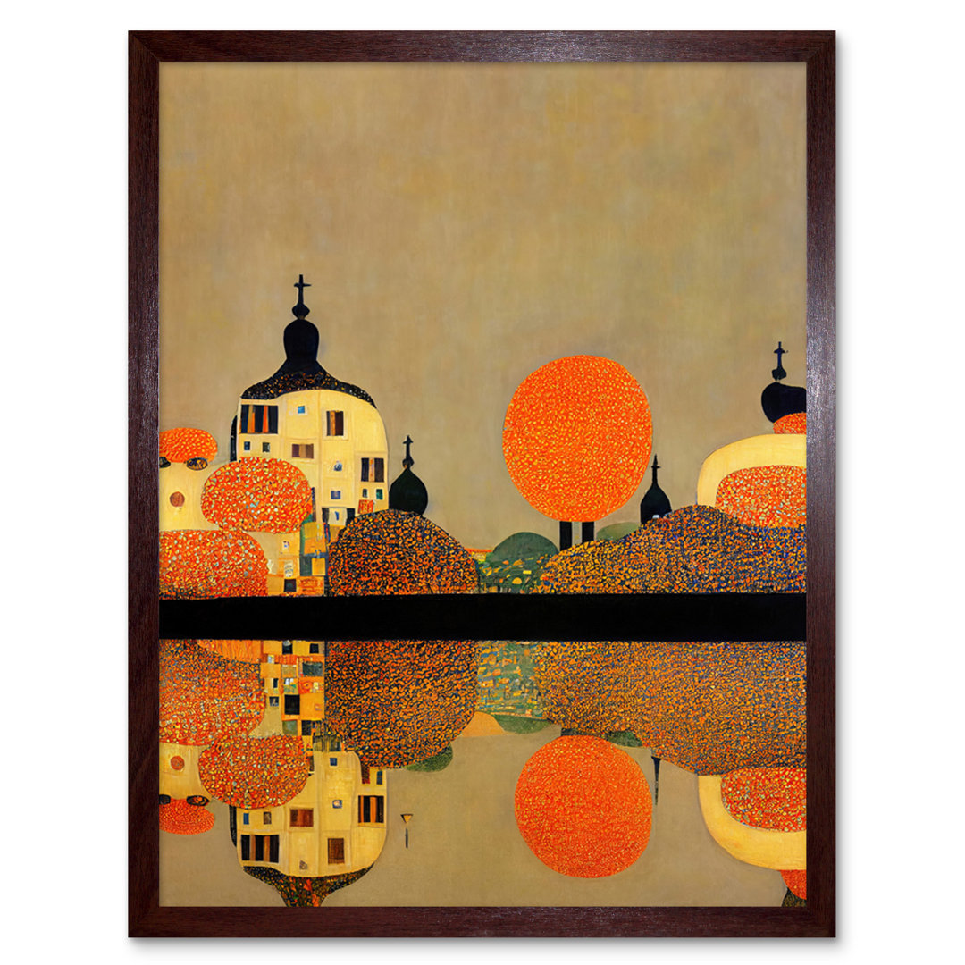 Klimt Style Autumn Lakeside Town Church - Print