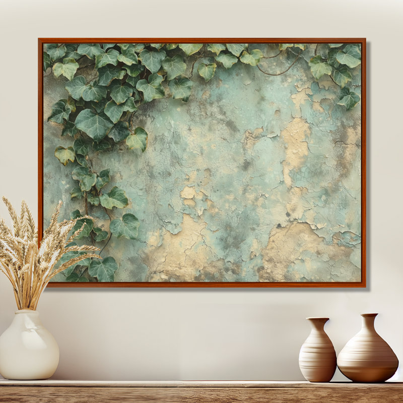 Collage de feuilles de lierre sur mur III - feuilles, art mural sur toile, Brun, Impression encadrée flottante