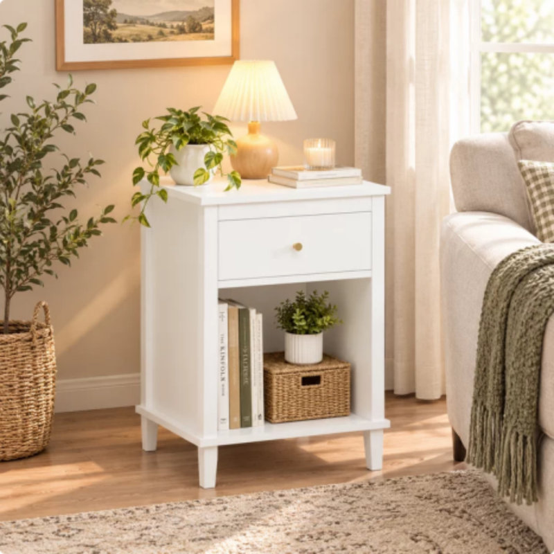 Table de chevet en bois de 26,77 po de hauteur avec un tiroir et une tablette pour enfants, adultes, blanc et poignée dorée