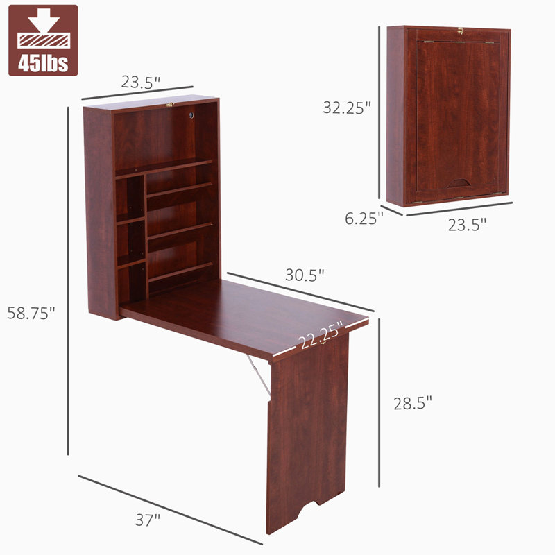 Wall Mounted Desk, Fold Out Convertible Desk, Multi-Function Computer Table Floating Desk With Shelves For Home Office, Mahogany