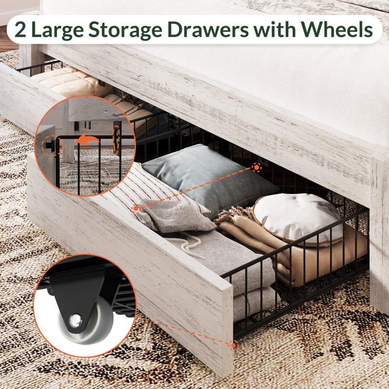 Metal Bed Frame With 2-Tier Storage Headboard,  2 Storage Drawers, Built In Charging Station & Led, Queen