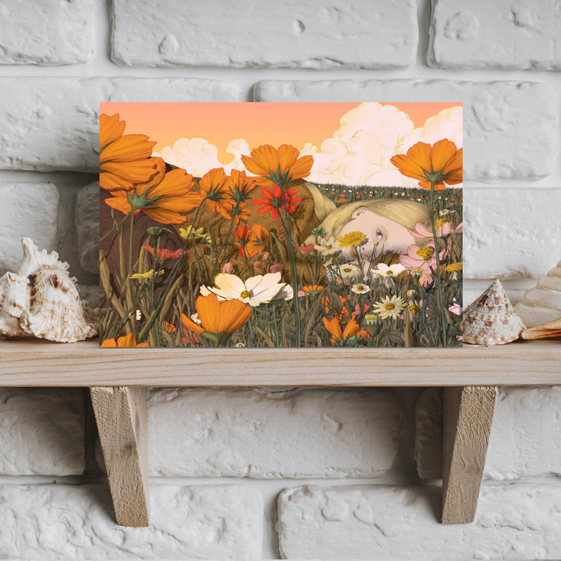 «Blond Girl in Flowers Dreamy Peaceful Serene Flower Nature», art mural, H 18 po x l 12 po