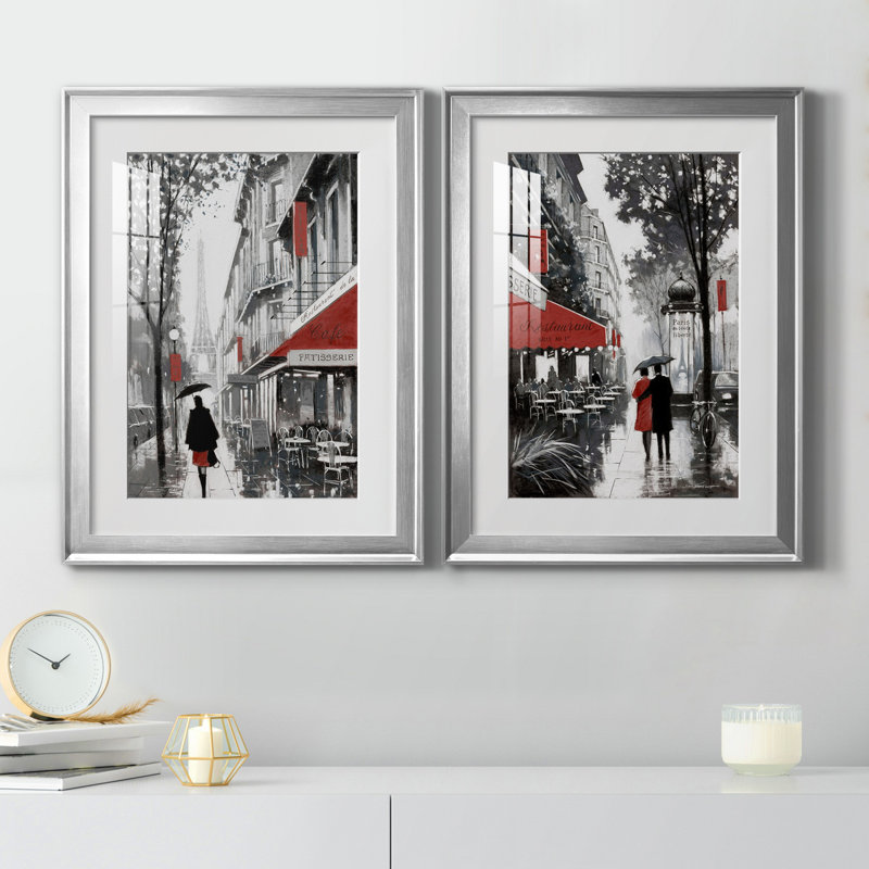«Rainy Paris I», ensemble de 2 reproductions d'art, H 22,5 po x l 61 po x P 1,5 po, Papier avec cadre argenté, Blanc