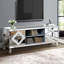 Meuble télé en miroir pour téléviseur de 65 pouces et plus, console de télévision argentée avec rangement ouvert et 2 armoires de rangement, portes de miroir étincelantes en forme de diamant pour le salon