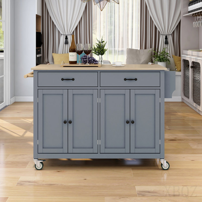Kitchen Island Cart with Solid Wood Top and Locking Wheels, 54.3 Inch Width, 4 Door Cabinet and Two Drawers, Spice Rack, Towel Rack (Grey Blue)