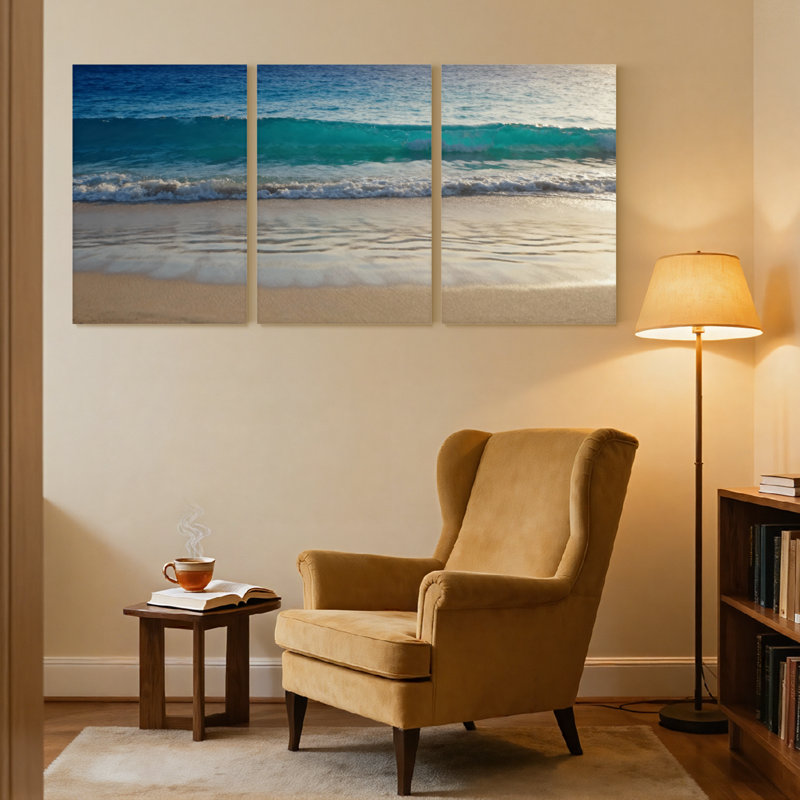 Plage, océan, vagues, plage, sable, coucher de soleil, ciel, horizon, eau, ensemble de 3 impressions sur toile