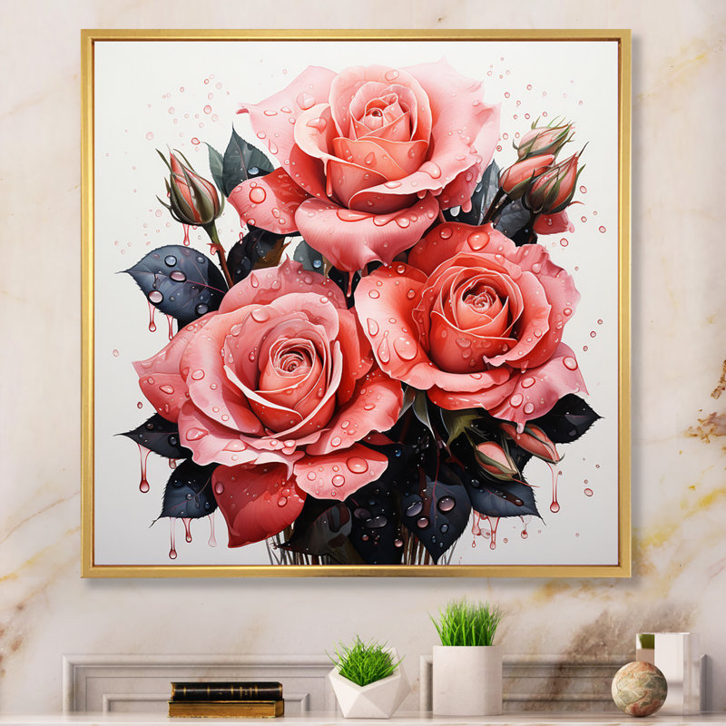 «Rose Graceful Rose Pointillism II», reproduction, H 30 po x l 30 po x P 1 po, Cadre flottant doré