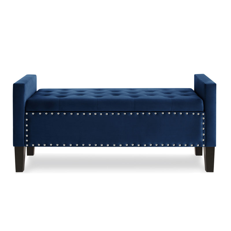 Upholstered Tufted Button Storage Bench with nails trim,Entryway Living Room Soft Padded Seat with Armrest,Bed Bench-, Navy