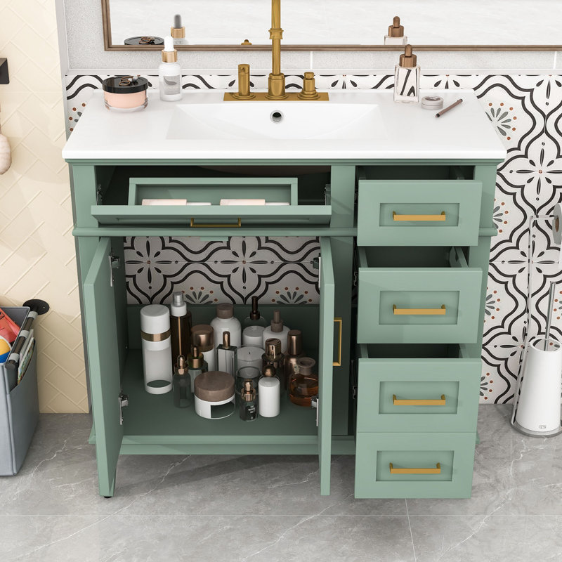 Meuble-lavabo avec quatre tiroirs et deux portes à fermeture douce, Vert clair
