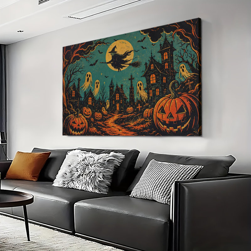 Sorcière vintage planant au-dessus d'une maison hantée, pleine lune, fantôme, citrouille, tableau mural d'Halloween sur toile