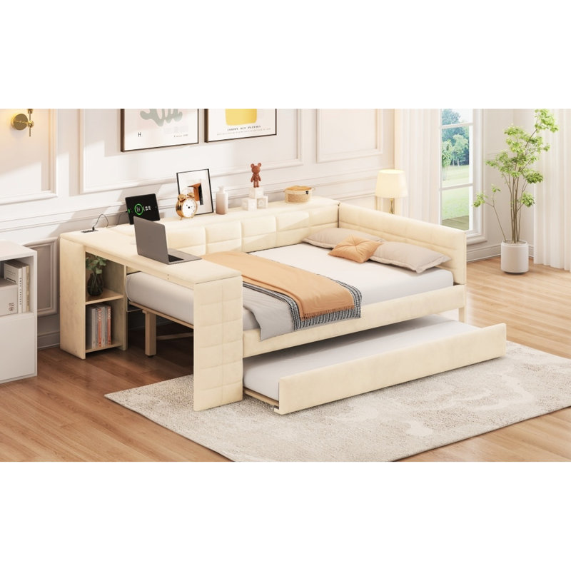 Full Size Beige Upholstered Platform Bed With Storage Desk, 2 Ports And Trundle, Easy To Assemble Alone In Storage, Desk Charging Ports, Trundle For Apartments