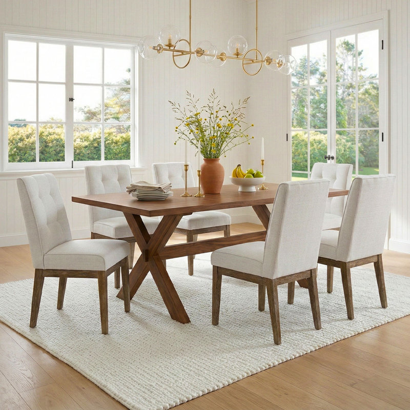 19.5" Seat Height Upholstered Tweed Fabric Dining Chair (Set of 6), Beige