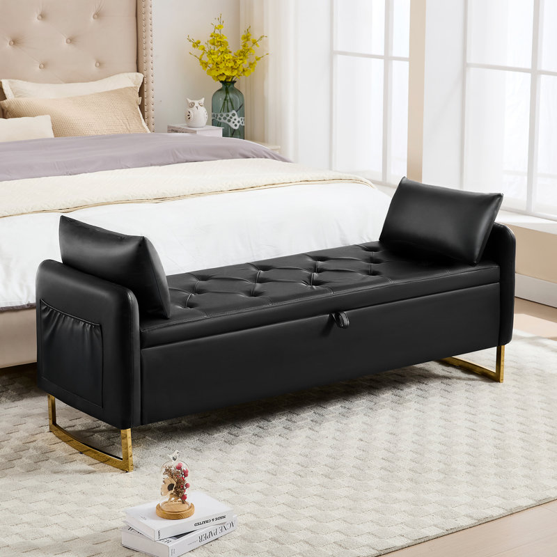 Soraiya 65'' Upholstered Storage Bench With Two Pillows, Black