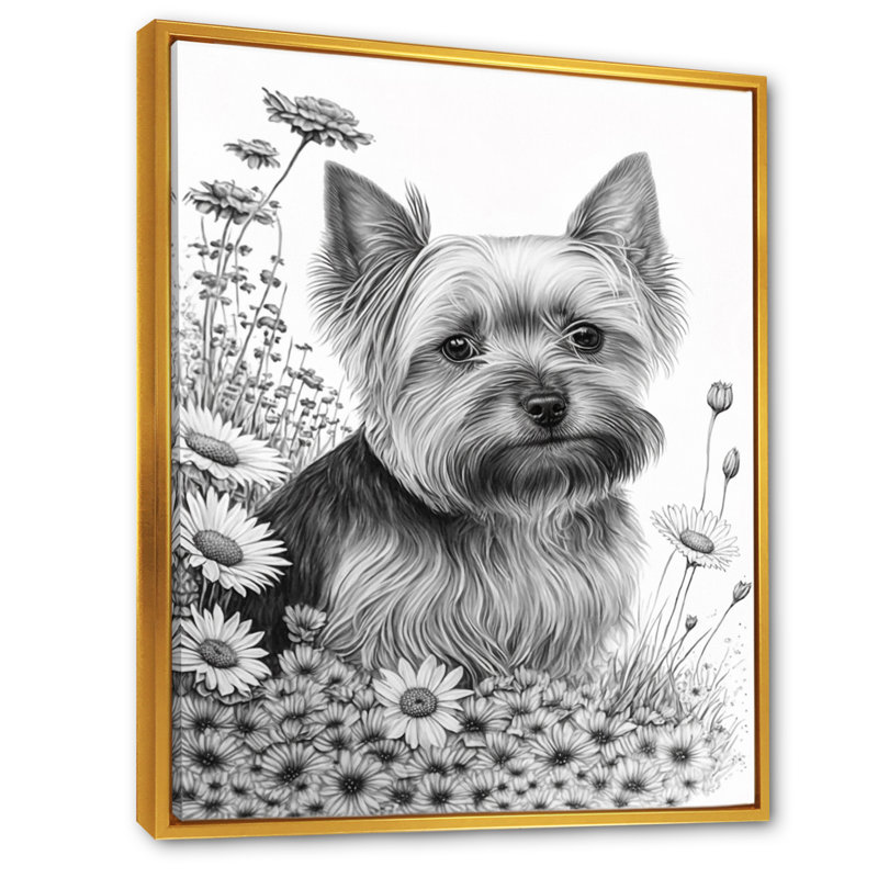 «Cute Yorkshire Dog with Flowers II», reproduction sur toile, H 32 po x l 24 po x P 1 po, Toile avec cadre flottant or