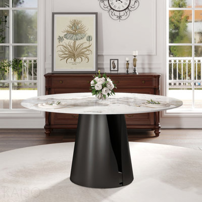 Table de salle à manger moderne 59,05 "en pierre artificielle ronde en acier au carbone noir pouvant accueillir 6 à 8 personnes