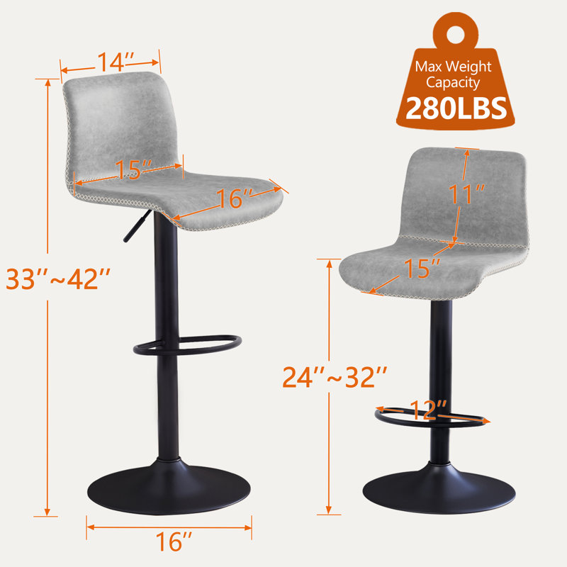 Bar Stools Set, Counter Height Bar Stools with Back, Adjustable Bar Stools 24" to 32", Faux Leather Bar Stools for Kitchen Island