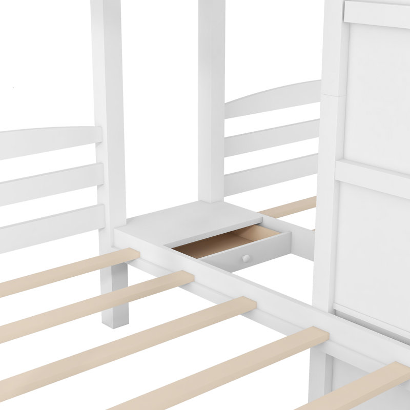 Lit superposé simple blanc avec escalier intégré, tiroirs de rangement et tablettes latérales blanches, conception simple au-dessus de simple et simple