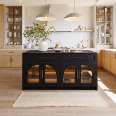 Îlot de cuisine de 180 cm avec portes vitrées de rangement, table de cuisine moderne avec bande lumineuse DEL