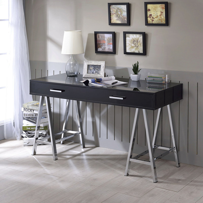 Bureau d'écriture 2 tiroirs avec base en métal noir brillant et chrome