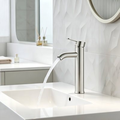 Robinet de lavabo vasque à bec haut avec poignée unique, robinet de salle de bain en acier inoxydable SUS304 avec bonde clic-clac SUS304, installation facile en 15 minutes.