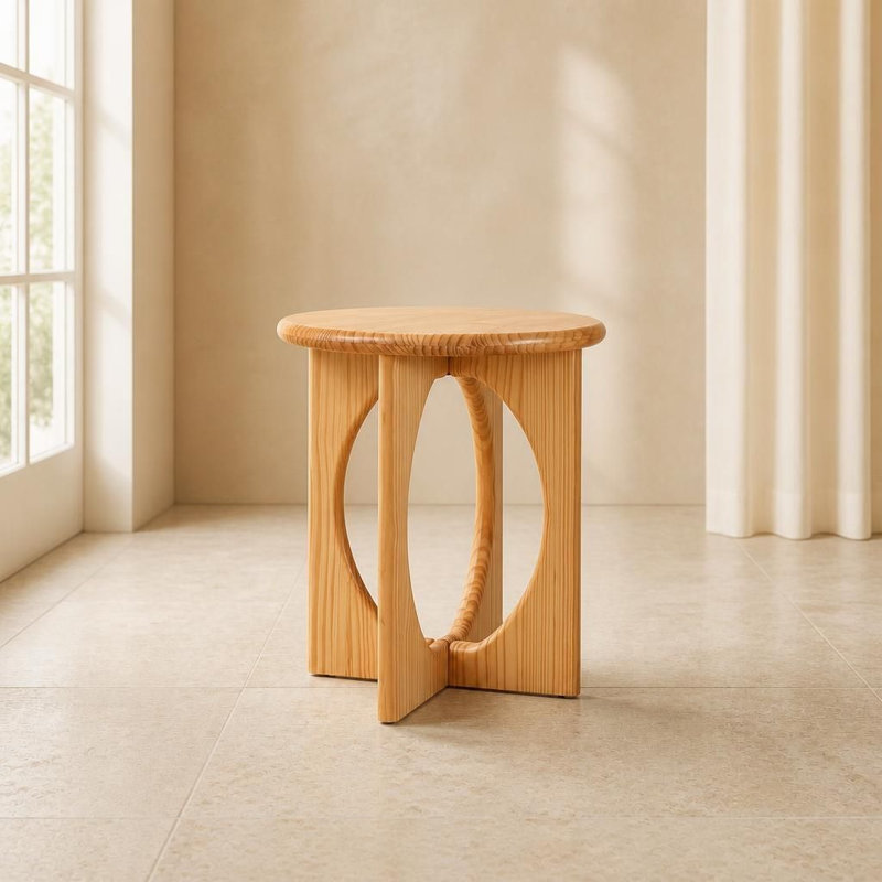 Table de bout ronde en bois de pin naturel avec pieds géométriques modernes, table d'appoint polyvalente