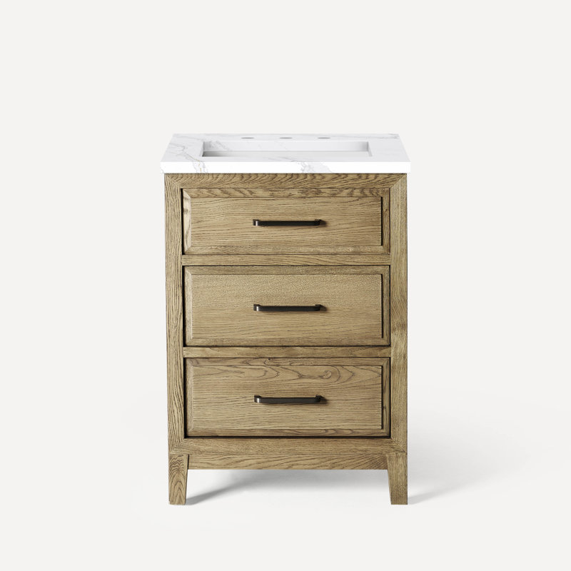 Meuble-lavabo 24 po avec comptoir en pierre de quartz Chestnut Hill, Or Calcatta éternel, Bois de chêne flotté patiné