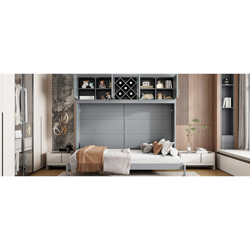 Grand lit mural gris avec armoire et étagère à vin. Idéal pour la maison. Support de matelas confortable. Aucun sommier tapissier requis. Et contreplaqué. Support facile à assembler, gris. Option d'espace petit