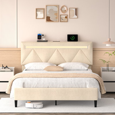 Full Bed Frame With Headboard, Upholstered Platform Bed With Charging Station, LED Lights, Wooden Slats Support, No Box Spring Needed, Noise Free And