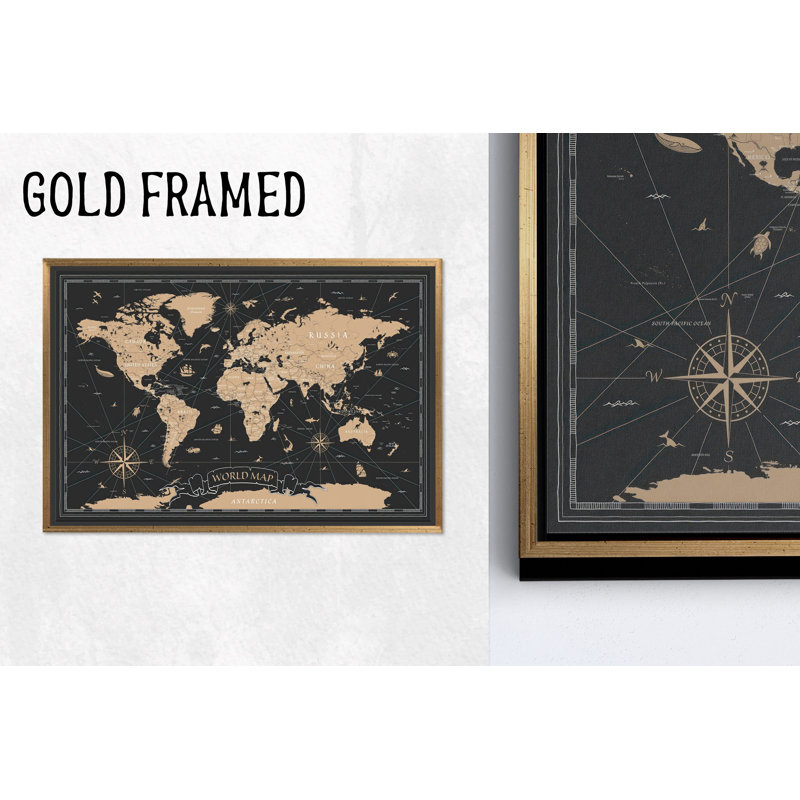 Carte du monde moderne: reproduction d'art sur toile avec élégance mondiale, toiles encadrées dorées 1P