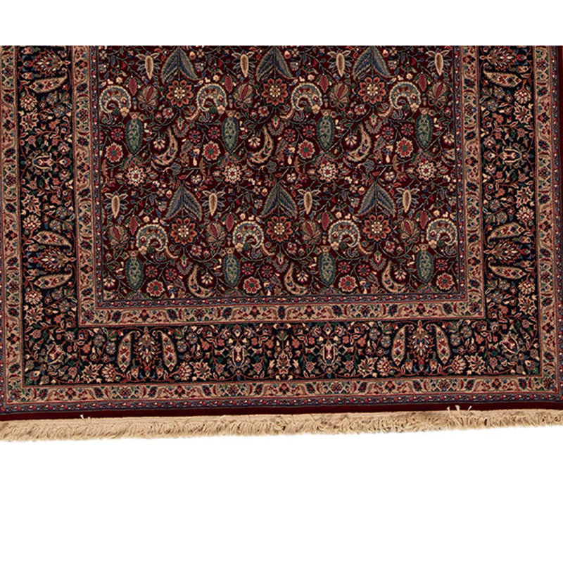 Tapis bleu marine / rouge / beige en laine noué à la main de conception unique 5 pi 9 po x 8 pi 9 po