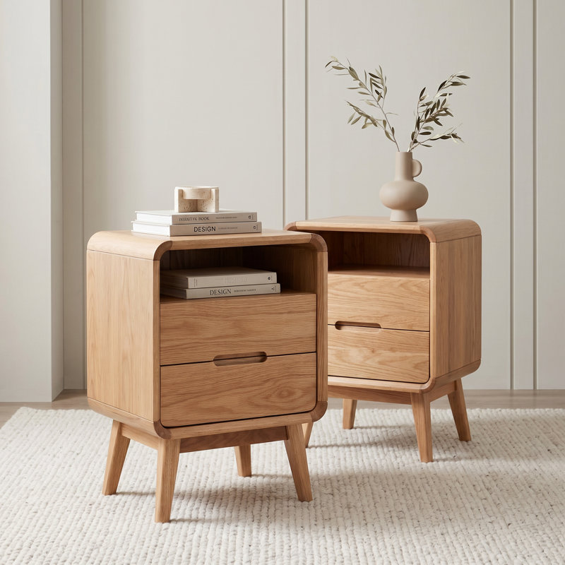 Ensemble de 2 tables de chevet en bois massif MCM avec 1 tiroir et tablette ouverte MCM, Chêne