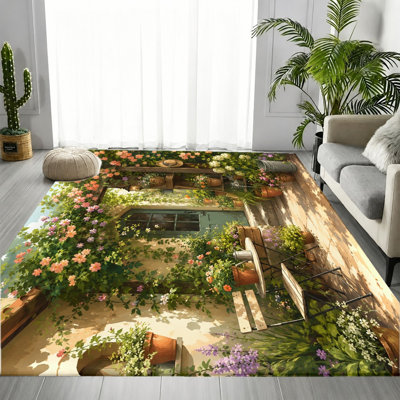 Tapis de jardin à motif floral vibrant pour l'extérieur, motif imprimé naturel éclatant, tapis de sol antidérapant doux et durable lavable à la machine, décoration intérieure artistique élégante pour le salon, la chambre à coucher, le patio, le balcon, appartement