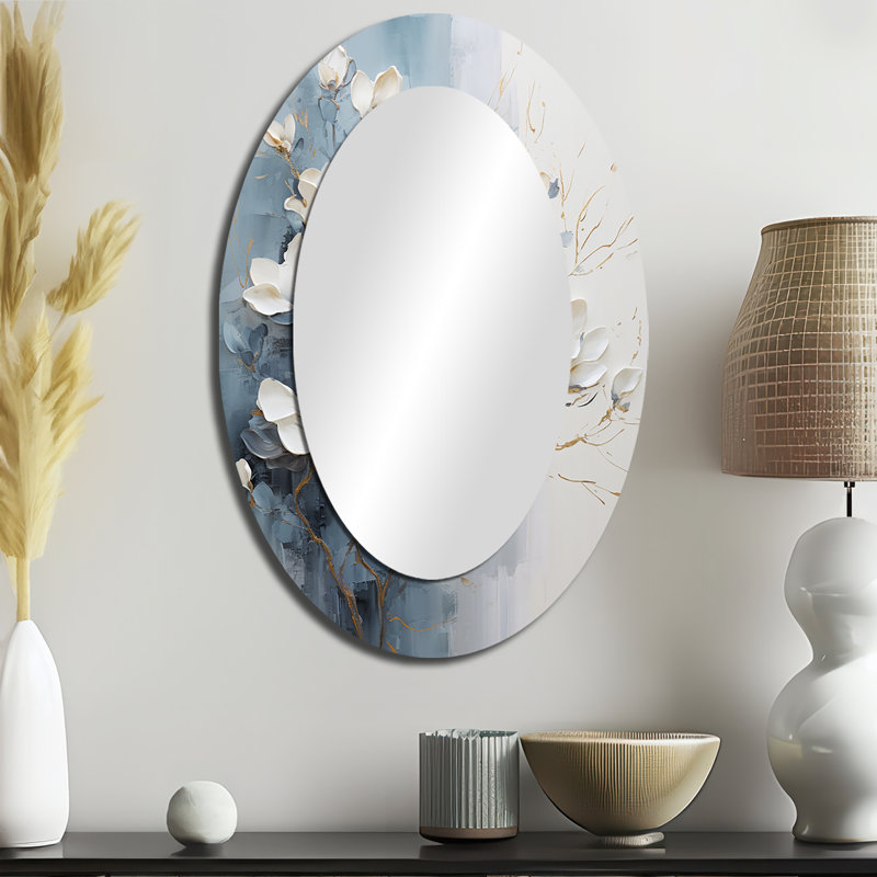 Miroir mural bleu et blanc peint Magnolias II - BLEU, 36 po x 24 po