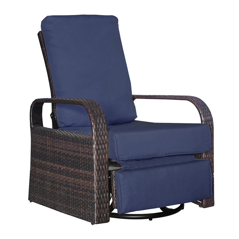 Outdoor aluminum rattan swivel lounge chair, adjustable backrest, height-adjustable footrest, 360° rotation, waterproof seat cushion, suitable for patios.