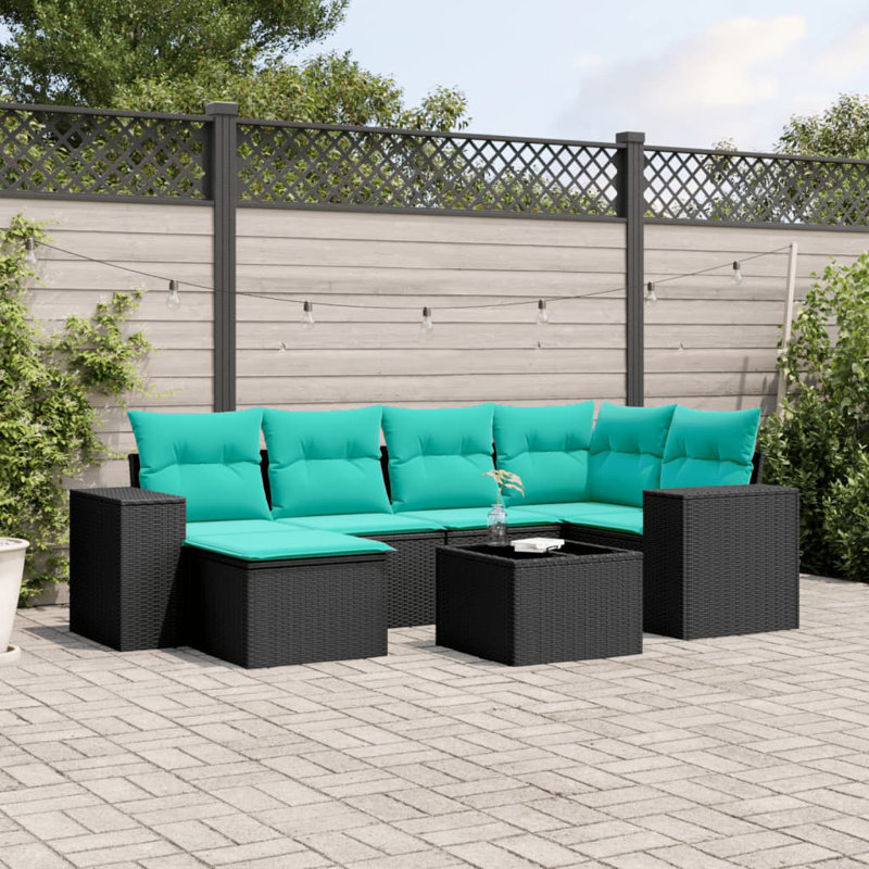  Ensemble de canapé de patio 7 pièces avec coussins en rotin de polyester noir