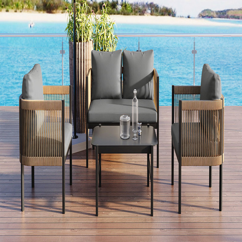 Combinaison de canapé pour plusieurs personnes avec une table, adaptée pour le jardin, la cour et les balcons, Gris